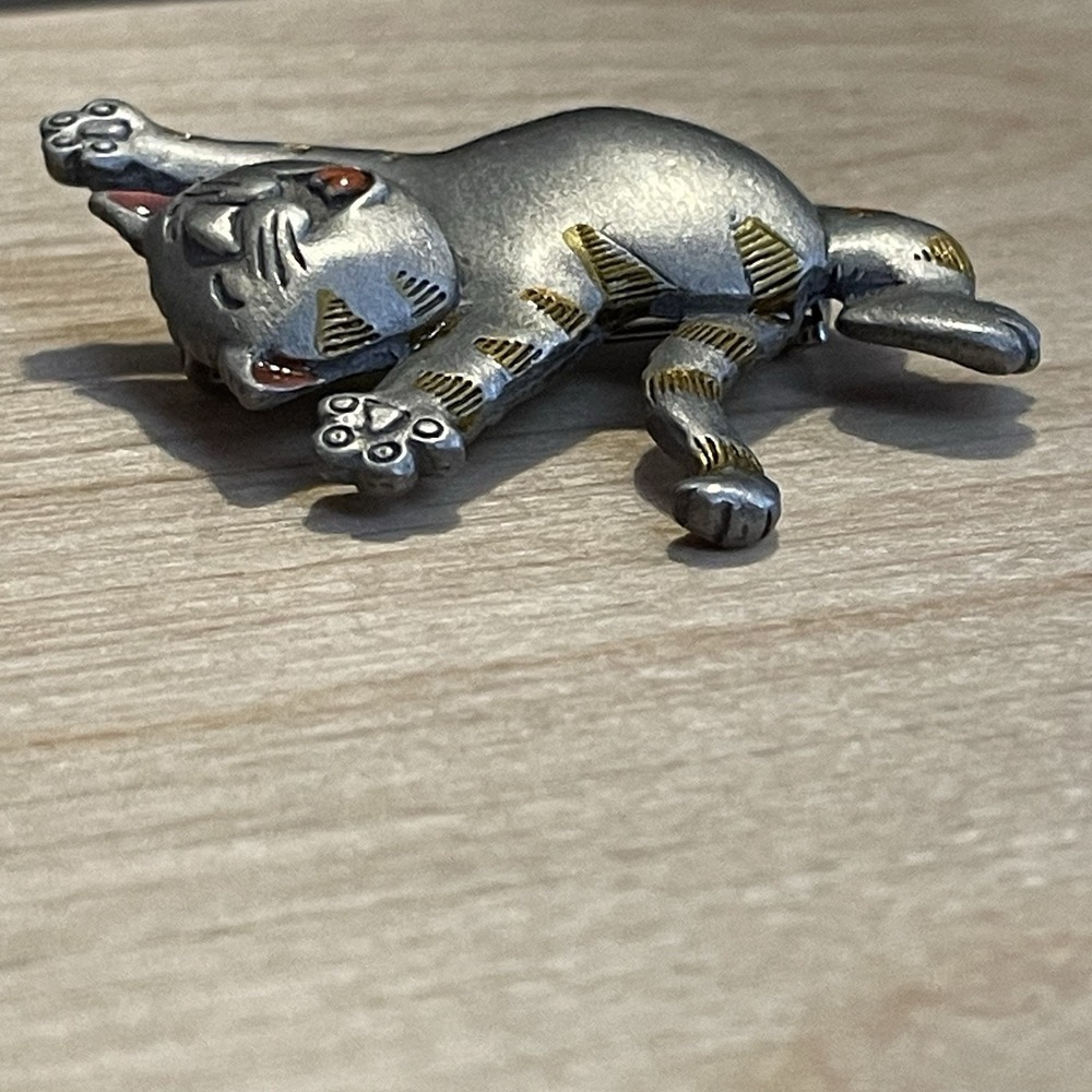 Vintage 1990s JJ Jonette Jewelry Pewter Tone Cat Brooch Happy Kitty Pin Orange - Picture 4 of 9